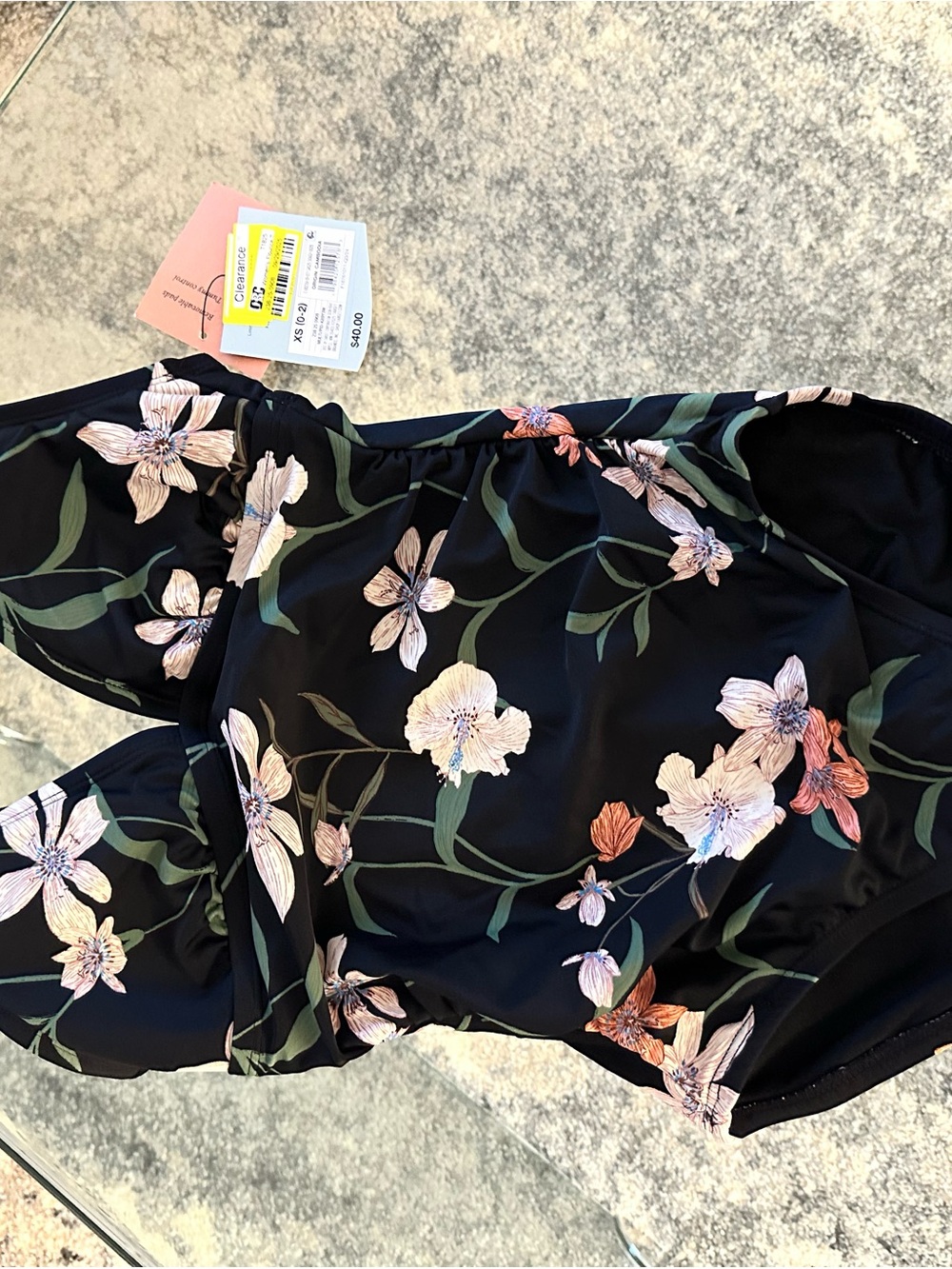 3 XS Black Floral Off-Shoulder Swim Suit Top